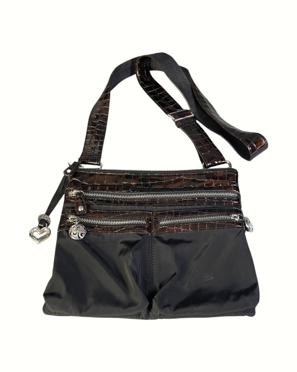 Brighton Go Go Black Nylon & Brown Crocodile Leather Trim Messenger Crossbody